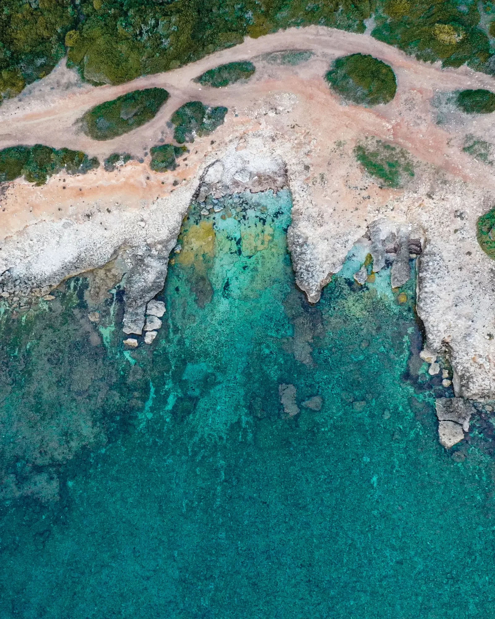 Veduta aerea verticale di una costa rocciosa sul mare turchese