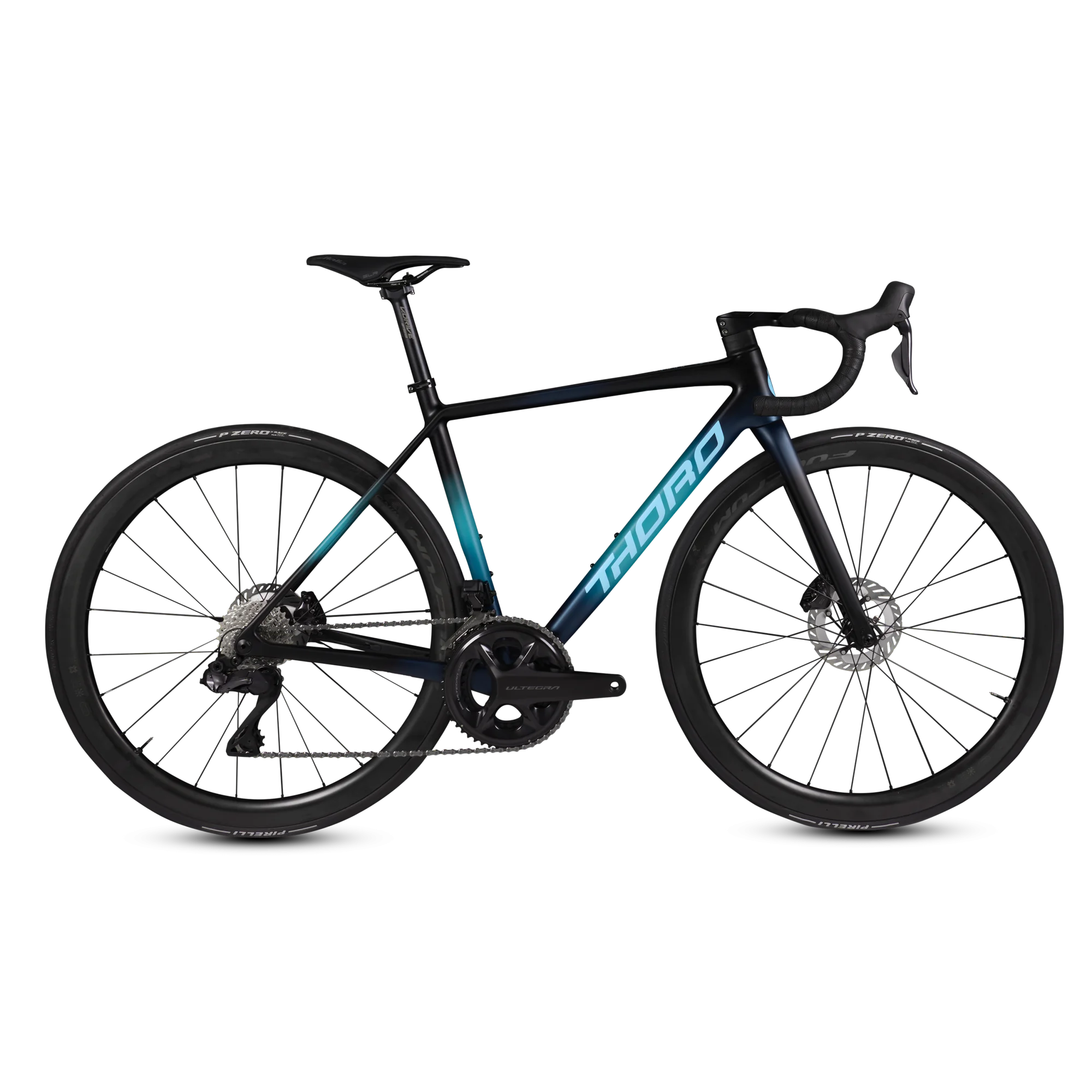 Fotografia laterale di una bicicletta da corsa blu su fondo nero